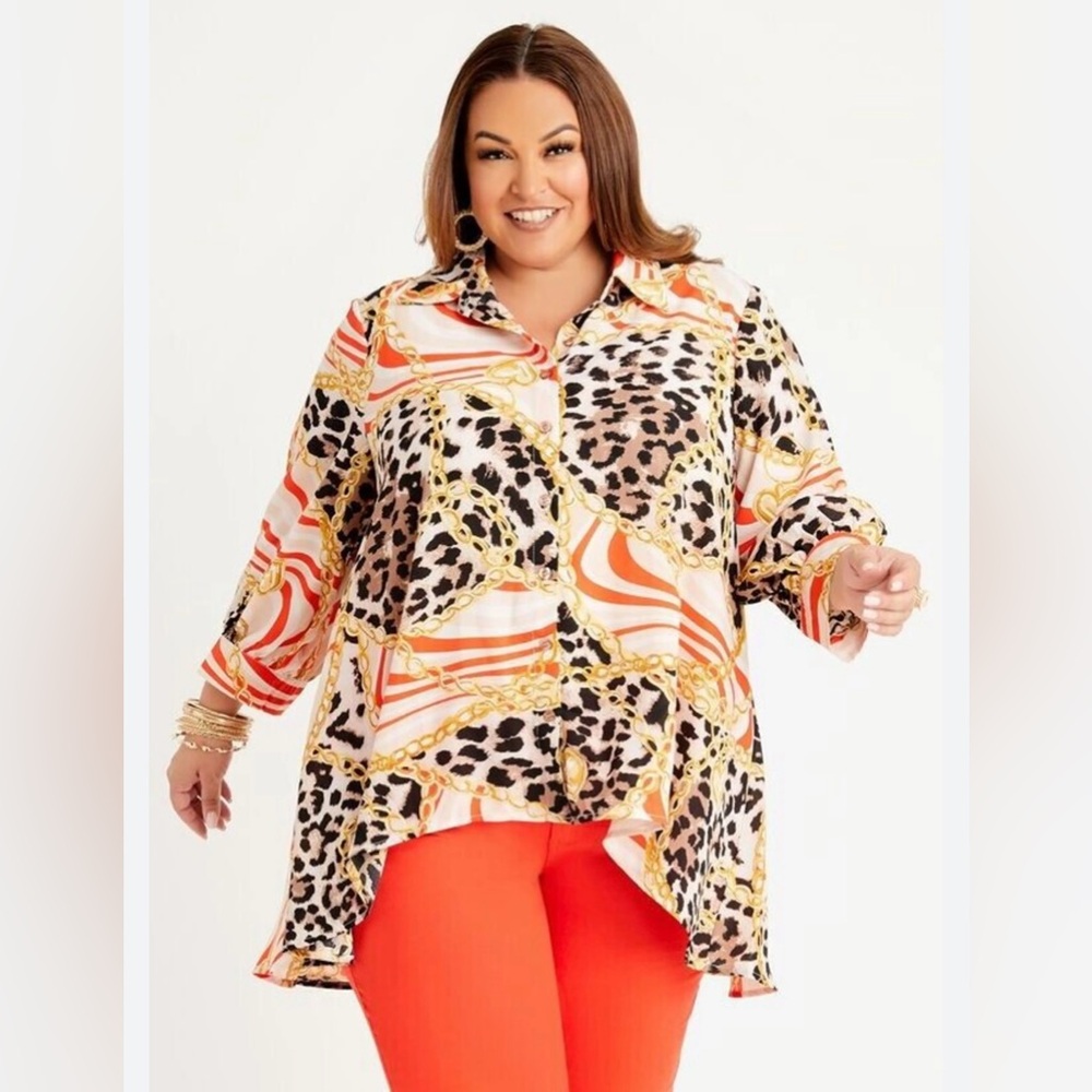 Ashley Stewart Chain Cheetah Button Front Tunic Blouse Size 26 Boho Hippie
